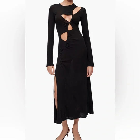 knee length dresses for ladies Maje Black Lace Long Sleeve Midi Dress with Black Slip - BOPF
